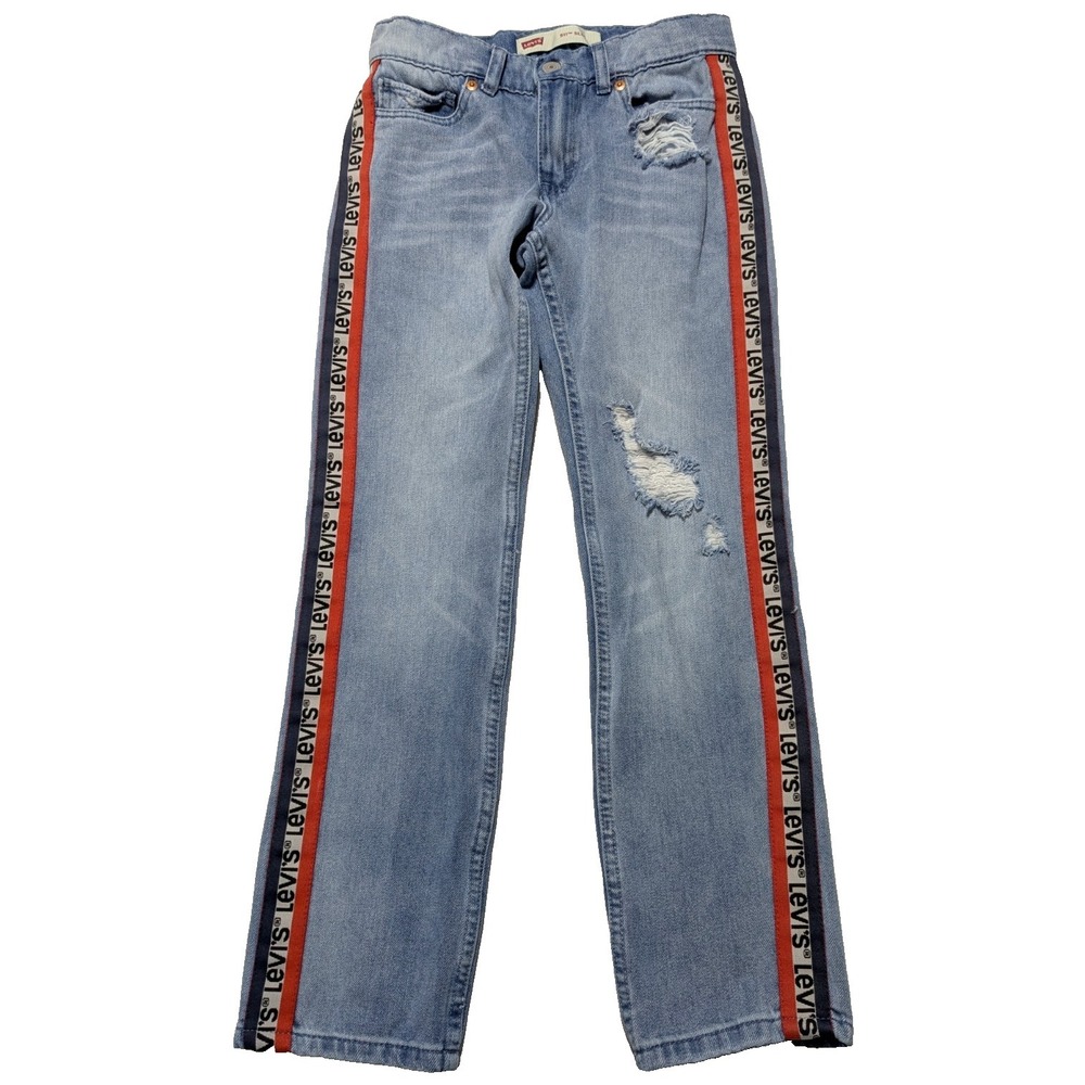 LEVIS 501 SLIM Boys 12 Reg (26x26) Logo Taping‎ Distressed Stretch Denim Jeans